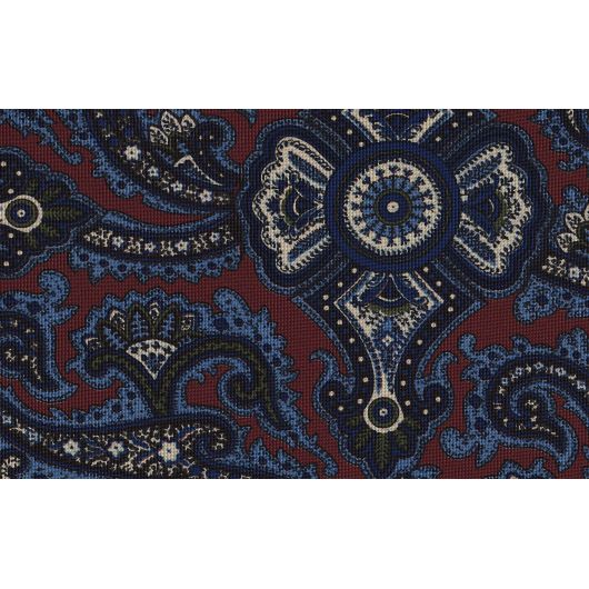 {[en]:Sky Blue, Olive Green, Off-White & Midnight Blue on Red Macclesfield Print Pattern Silk Tie