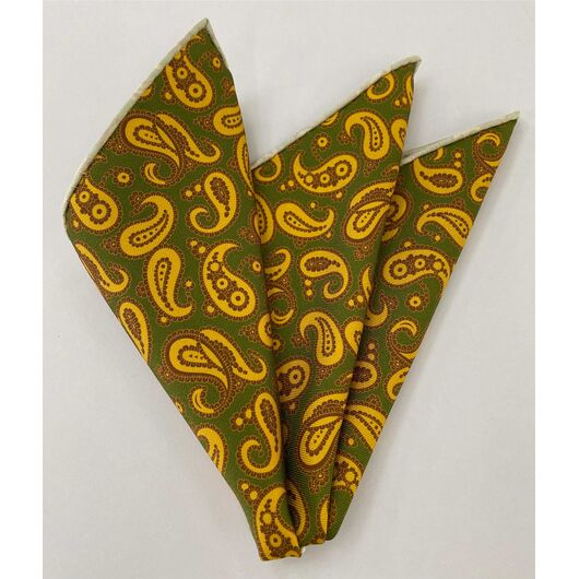 Yellow, Brown on Olive Green Pattern Silk Pocket Square MCP-649