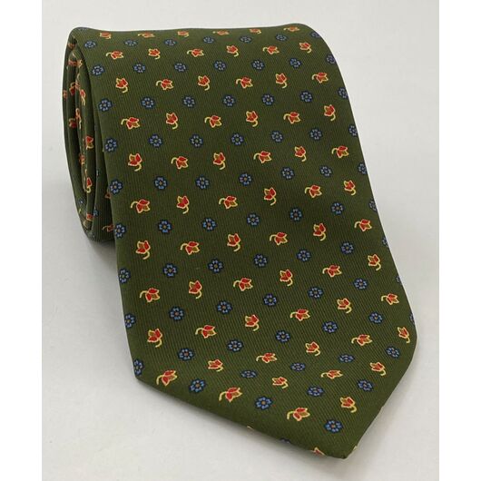 Sky Blue, Red, Gold & Light Yellow on Olive Green Macclesfield Print Silk Tie MCT-293