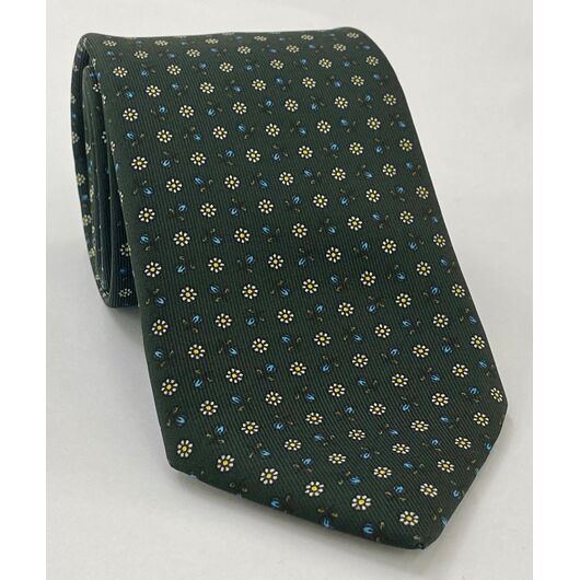 Sky Blue, Off-White & Yellow on Forest Green Macclesfield Print Silk Tie MCT-377