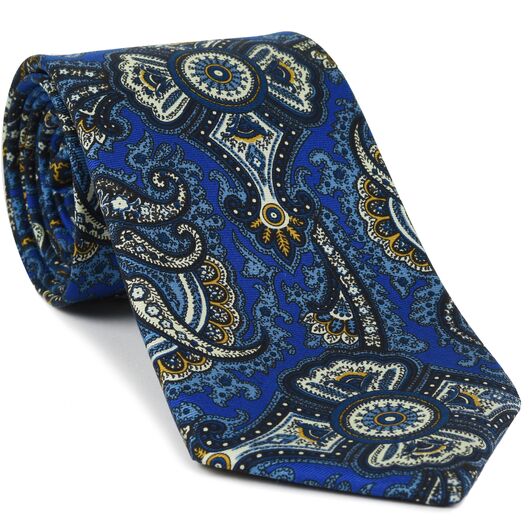{[en]:Mandarin, Sky Blue, Off-White & Midnight Blue on Royal Blue Macclesfield Print Pattern Silk Tie