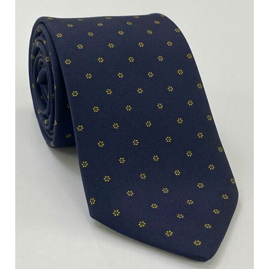 Yellow Gold & Blue on Dark Navy Blue Print Pattern Silk Tie #MCT-609