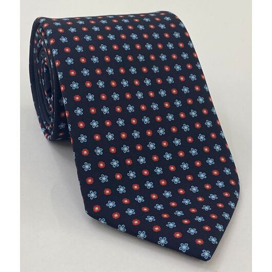 Sky Blue, White & Red on Dark Navy Blue Print Pattern Silk Tie #MCT-624