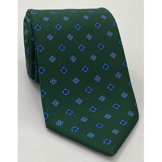Sky Blue, Red, Blue & White on Forest Green Print Pattern Silk Tie MCT-626