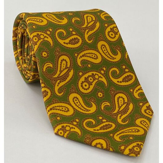 Yellow, Brown on Olive Green Pattern Silk Tie MCT-649