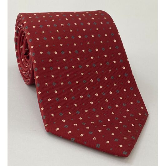 Macclesfield Printed Silk Tie Green, Off-White on Medium Red MCT-663