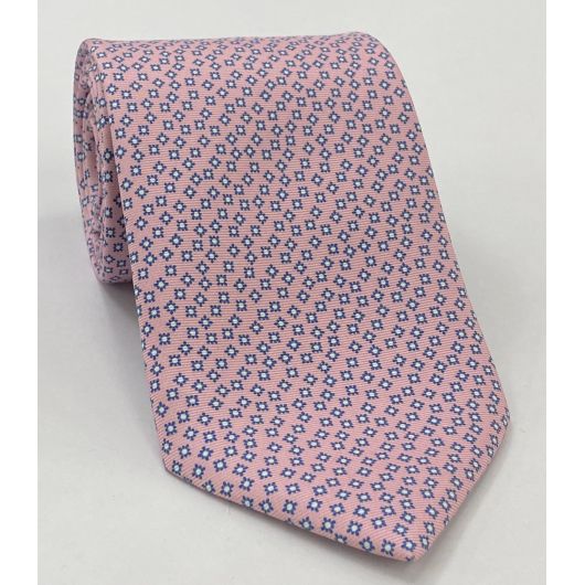 Macclesfield Printed Silk Tie White & Blue on Pink MCT-668