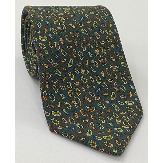 Macclesfield Printed Silk Tie Sky Blue, Light Yellow, Yellow & Soft Red on Pale Forest Green MCT-670