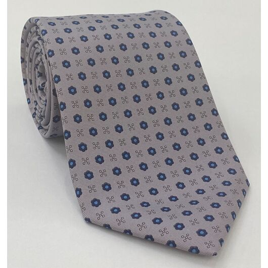 Macclesfield Printed Silk Tie Sky Blue, Navy Blue & Off-White on Gray with Red MCT-672