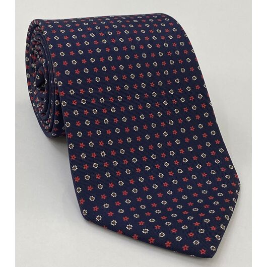 Macclesfield Printed Silk Tie Red, White & Brown on Midnight Blue MCT-673