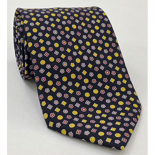 Lavender, Purple, White & Gold with a touch of Green on Midnight Blue Macclesfield Printed Silk Tie MCT-96