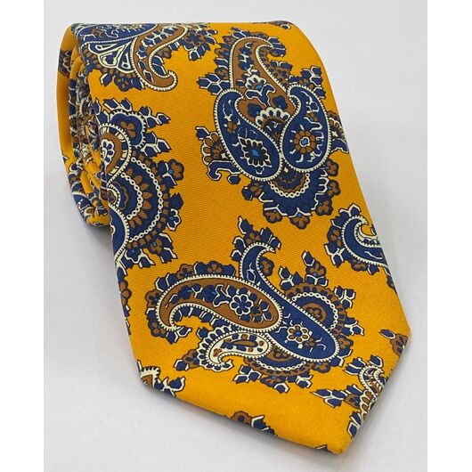 Macclesfield Printed Silk Tie Sky Blue, Blue, Off-White & Brown on Mandarin Orange MCT-671