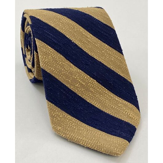 Navy Blue & Sand Shantung Wide Stripe Silk Tie SHBST-5
