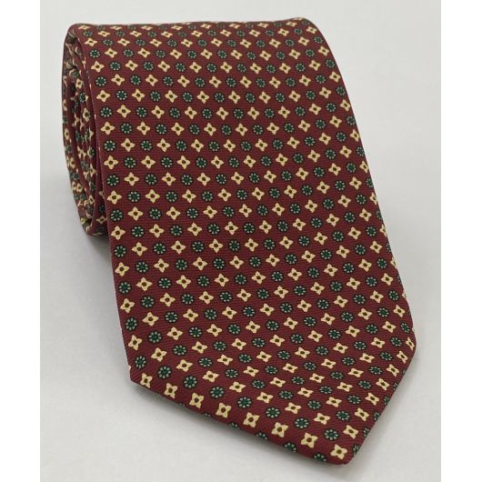 Macclesfield Printed Silk Tie Light Gold, Olive Green & Forest Green on Dark Red MCT-675