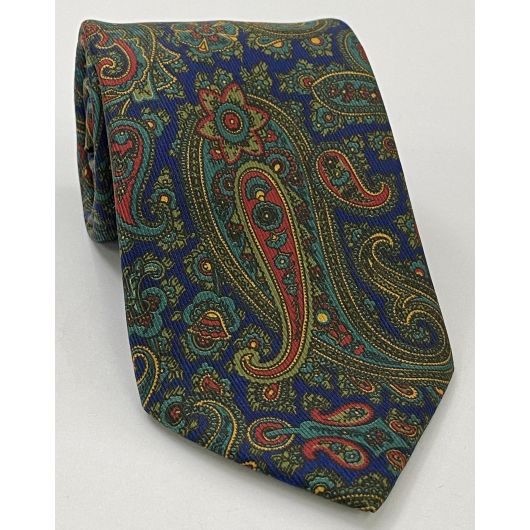 Turquoise, Olive Green & Red on Navy Blue Macclesfield Madder Printed Silk Tie MT-19
