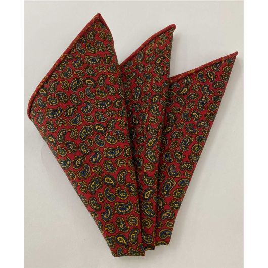 Red Paisley Pattern Challis Wool Pocket Square #CHPP-9