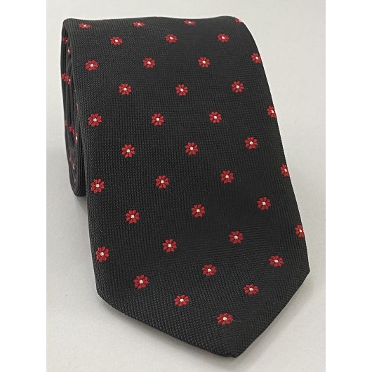 Red & White on Black Flower Silk Tie FT-6
