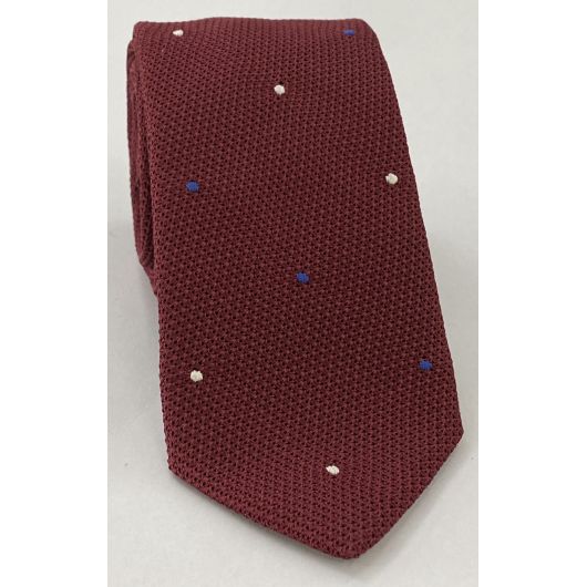 Dark Red Grenadine Grossa with White & Blue (1, 4) - Hand Sewn Pin Dots Silk Tie #GGDT-2