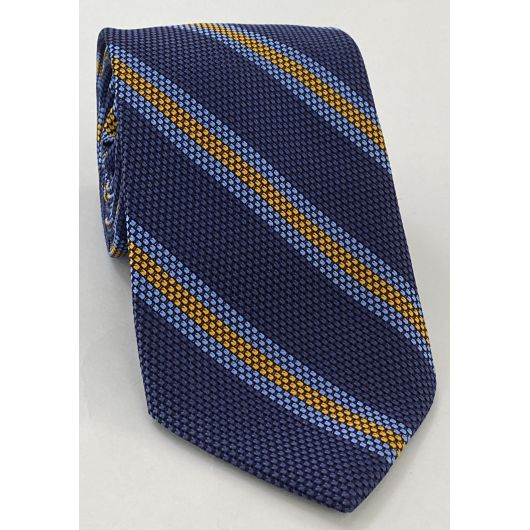 Sky Blue & Yellow Gold on Navy Blue Grenadine Fina Triple Stripe Silk Tie GFSCT-3