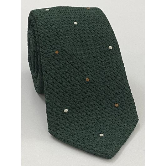 Forest Green Grenadine Grossa with Chocolate & Silver (31,2) - Hand Sewn Pin Dots Silk Tie GGDT-16