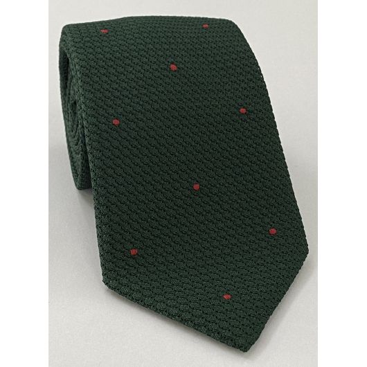 Forest Green Grenadine Grossa with Red (Hand Sewn) Pin Dots Silk Tie #GGDT-16 (8)