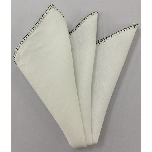 Belgian White Linen Pocket Squares with Forest Green Hand Sewn Decorative Flat Edges #22