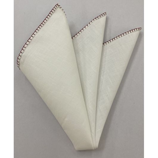 Belgian White Linen Pocket Squares with Dark Red Hand Sewn Decorative Flat Edges 9