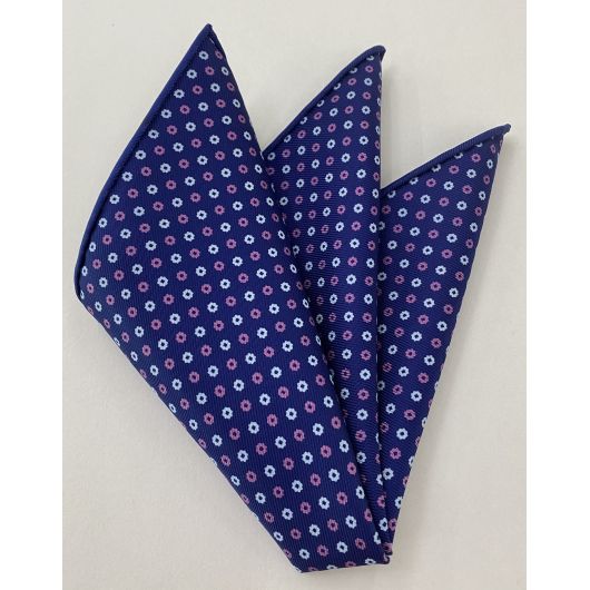 White & Pink on Navy Blue Macclesfield Printed Silk Pocket Square #MCP-155