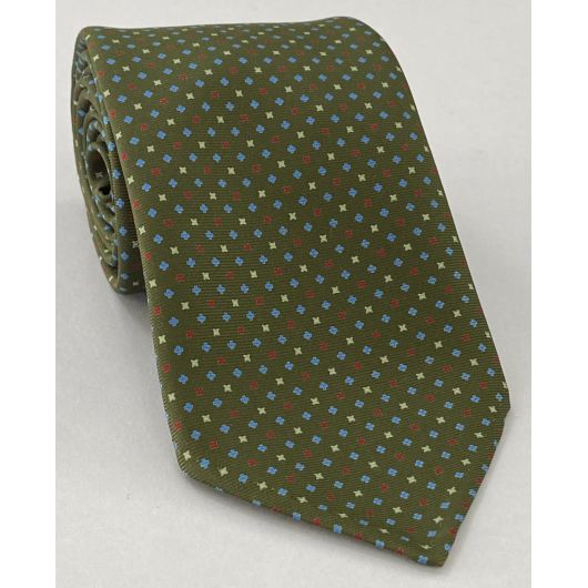 Sky Blue, Red & White on Olive Green Macclesfield Print Silk Tie MCT-282