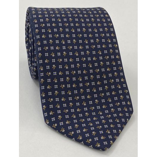 Burnt Orange, Blue & Silver with a touch of Pink on Midnight Blue Macclesfield Print Silk Tie MCT-301