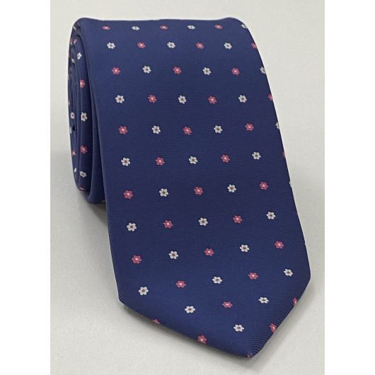 White & Soft Pink on Navy Blue Macclesfield Print Silk Tie MCT-306