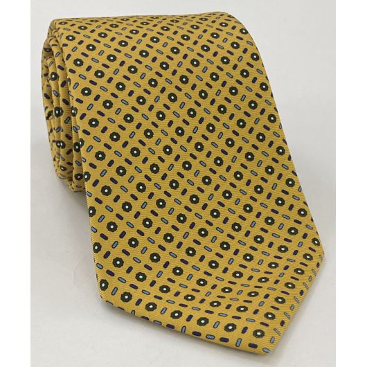 Forest Green, Royal Blue, Sky Blue & White on Yellow Gold Macclesfield Print Silk Tie MCT-330