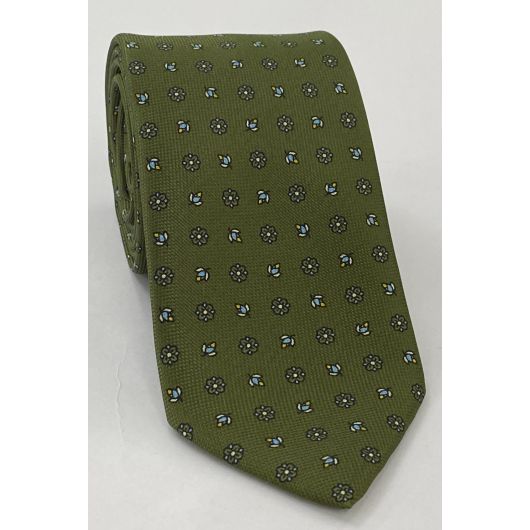 Sky Blue, Yellow Gold & Off-White on Olive Green Macclesfield Print Pattern Silk Tie MCT-362