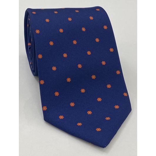 Sky Blue & Orange on Dark Navy Blue Macclesfield Print Pattern Silk Tie MCT-555