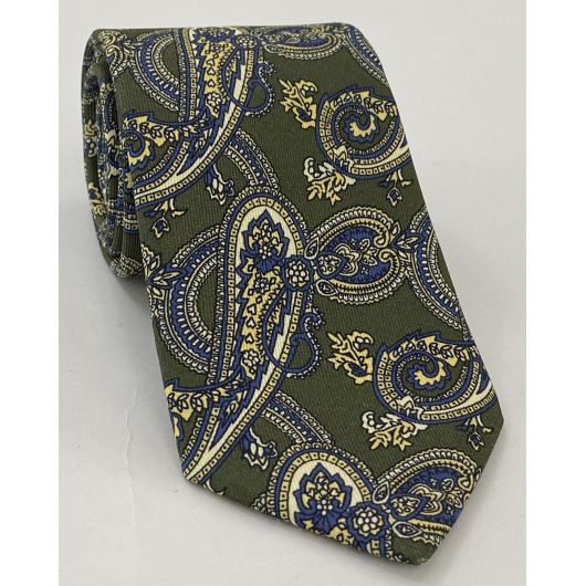 Blue, Off-White & Light Yellow on Olive Green Macclesfield Printed Silk Tie #MCT-574