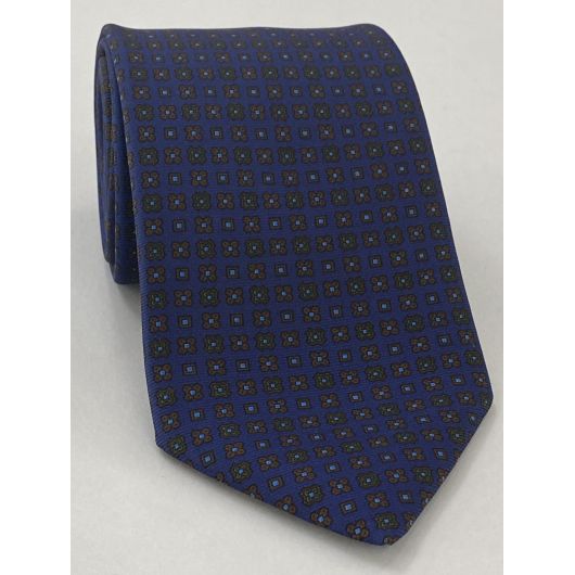 Brown, Forest Green, Sky Blue & black on Navy Blue Macclesfield Printed Silk Tie MCT-82