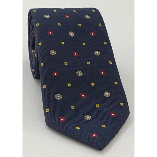 Silver Brown, White, Yellow & Red On Midnight Blue Cashmere/Silk Jacquard Tie SCPT-4