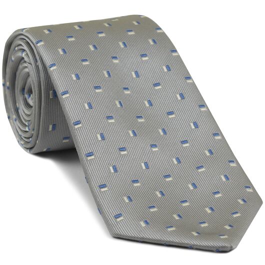 Blue & White on Silver Gray English Geometric Silk Tie #17