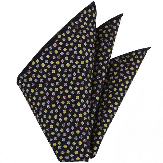 {[en]:Lavender, Purple, White & Gold with a touch of Green on Midnight Blue Macclesfield Printed Silk Pocket Square